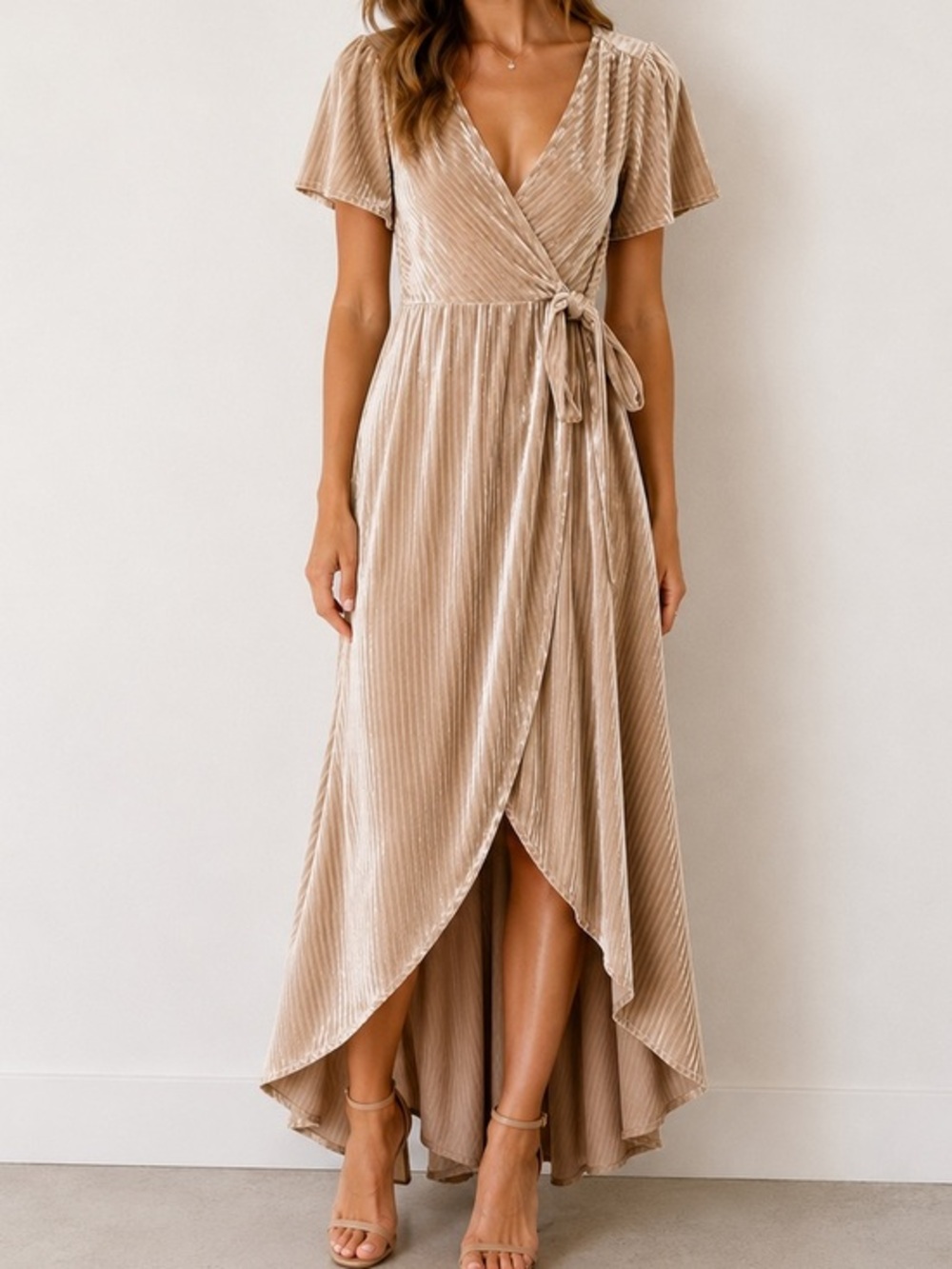 Baltic Born Andi Champagne Velvet High Low Flutter Sleeve True Wrap Maxi Dress